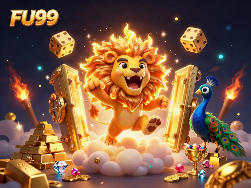 Experience winning with FU99's vibrant casino adventure featuring golden dice and gems.