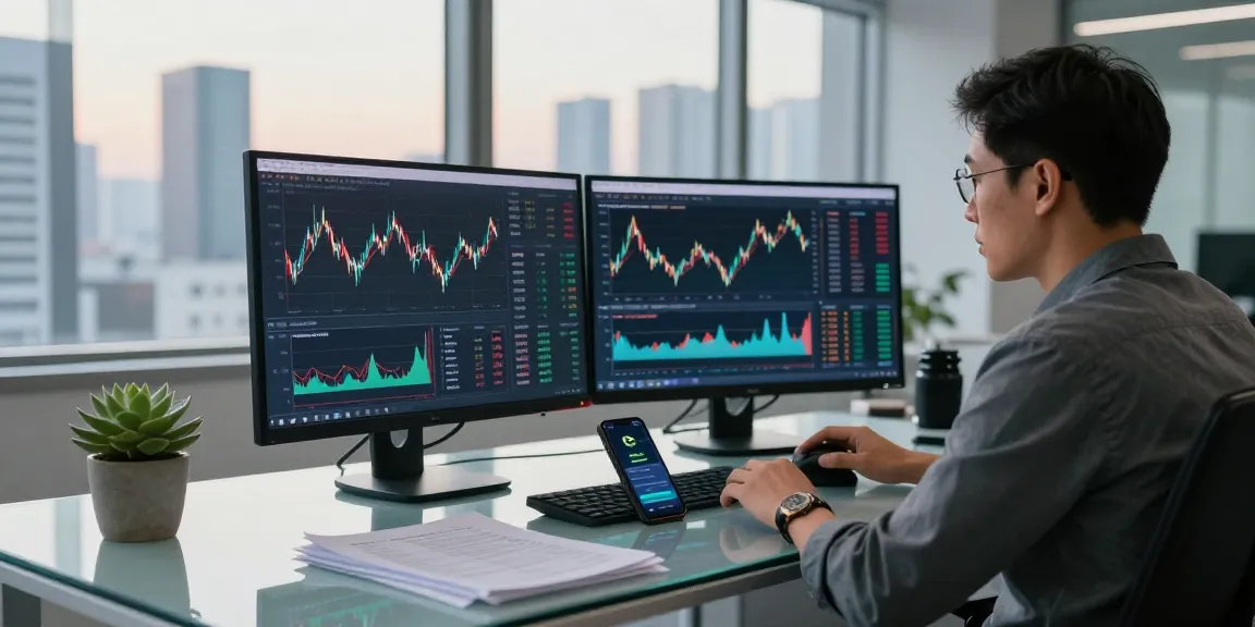 Focused investor analyzing data to buy in BRICS crypto in a modern office setup.