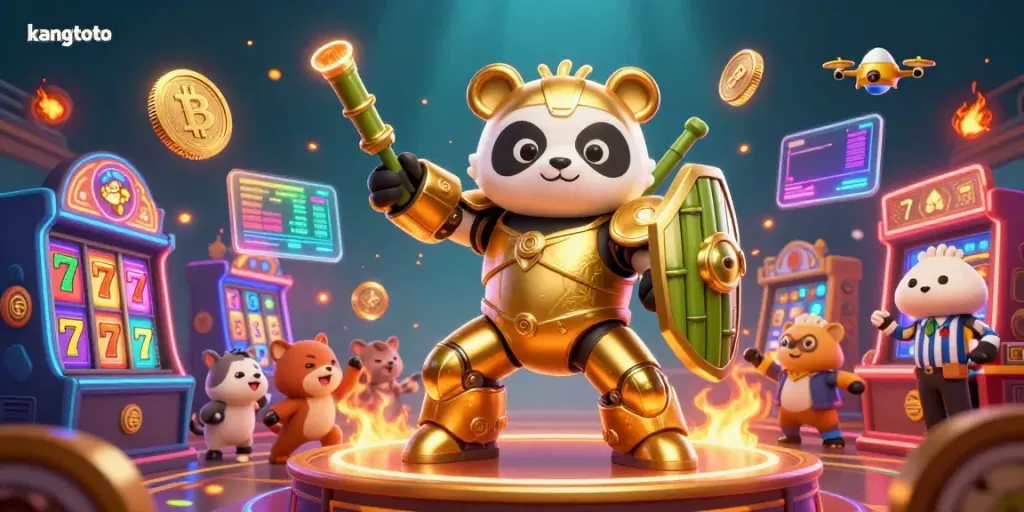 Kangtoto menghidupkan suasana dengan panda emas yang sedang beraksi di arena kasino yang berwarna-warni dengan simbol keberuntungan.
