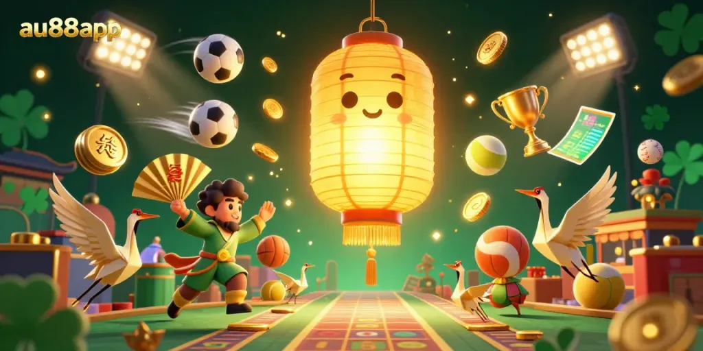 Experience exhilarating gameplay at au88app with vibrant golden lanterns and dynamic sports balls.