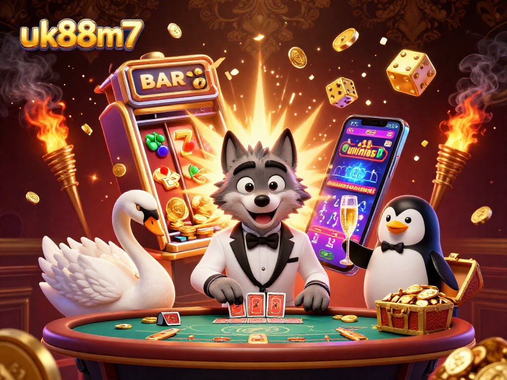 Experience excitement at uk88m7 with a lively casino scene featuring a debonair wolf, elegant swan, and sophisticated penguin.