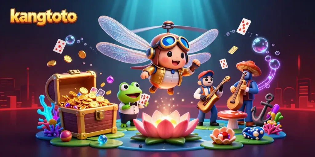 Permainan kartu dan kasino KANGTOTO ditampilkan dengan karakter unik dalam skenario 3D