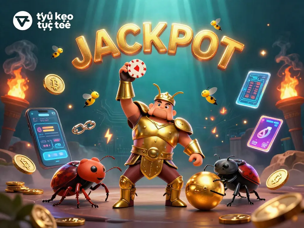 Experience thrilling tỷ lệ kèo trực tuyến with a victorious beetle and gaming elements illustrating betting excitement.