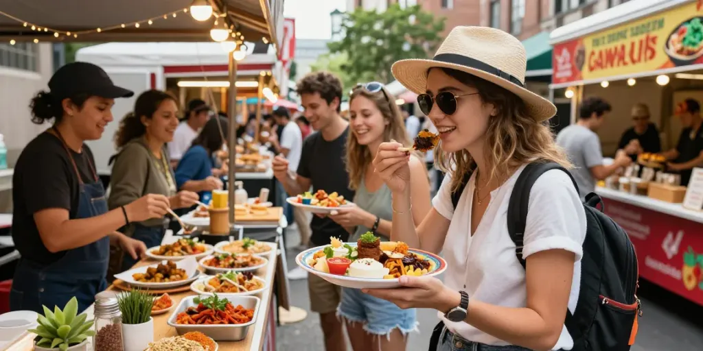 Visit gourmeticat travelers enjoying gourmet street food festival with vibrant stalls and joyful atmosphere.