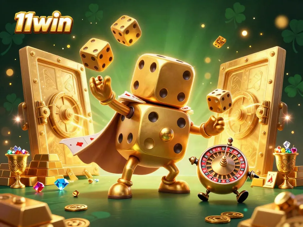 Experience thrilling gameplay with 11win's vibrant casino characters amid rich treasures and golden gems.