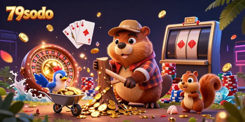 Engage with 79sodo's thrilling gaming experience featuring golden coins raining and vibrant characters.