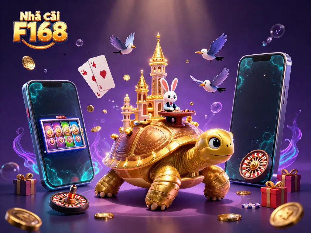 Experience the magic of Nhà cái F168 with a vibrant casino scene featuring gaming elements and a dazzling tortoise.