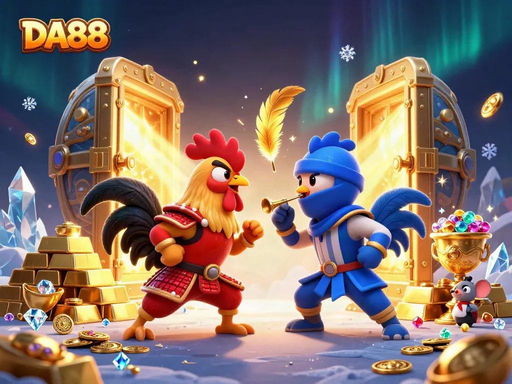 DA88 highlights vibrant 3D roosters in a thrilling standoff surrounded by gold treasures.
