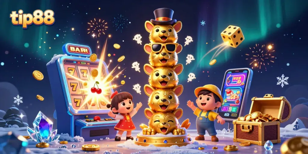 Engage with tip88's exciting gaming world featuring vibrant slot machines and a magical totem pole.