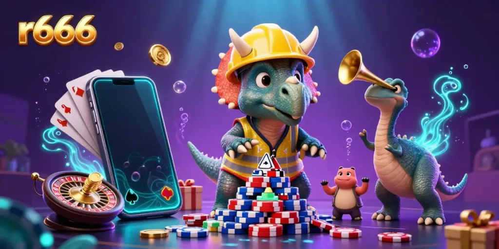 Engage with r666 at a vibrant casino scene featuring fun dinosaur characters and exciting gaming elements.