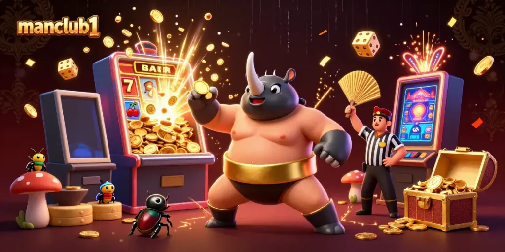 Experience the excitement of manclub1 with a vibrant 3D scene of a beetle sumo champion releasing golden coins in a gaming atmosphere.