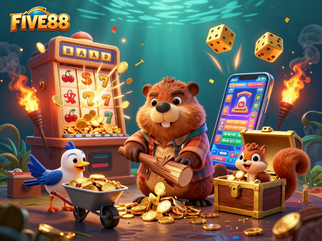 Experience the thrill of FIVE88 with a playful beaver and exciting slot machine riches.