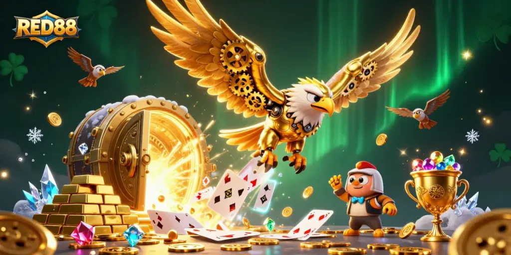 Experience the thrill of RED88 casino as a cybernetic eagle dives through holographic cards surrounded by treasures.