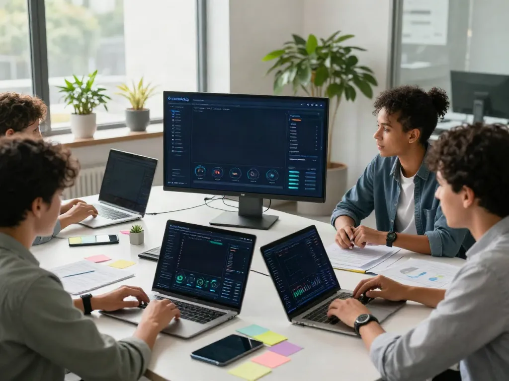 Collaborative team working on an AI visibility platform in a modern office environment.