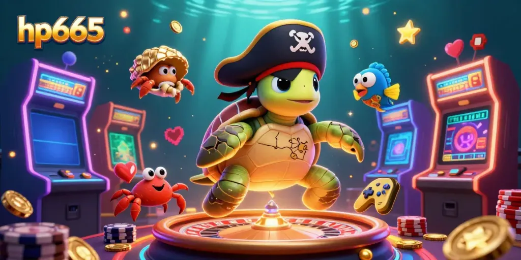 Experience hp665 excitement with a vibrant casino scene featuring a pirate turtle and colorful gaming elements.