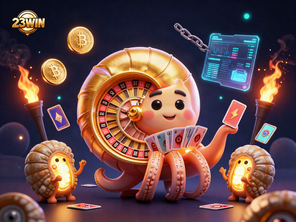 Engage in thrilling action with 23WIN's vibrant casino scene featuring a giant nautilus roulette wheel.