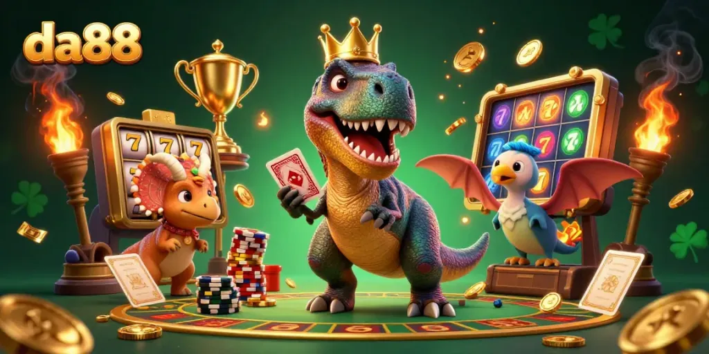 Join the excitement at da88 with a playful T-Rex and friends in a vibrant casino setting.