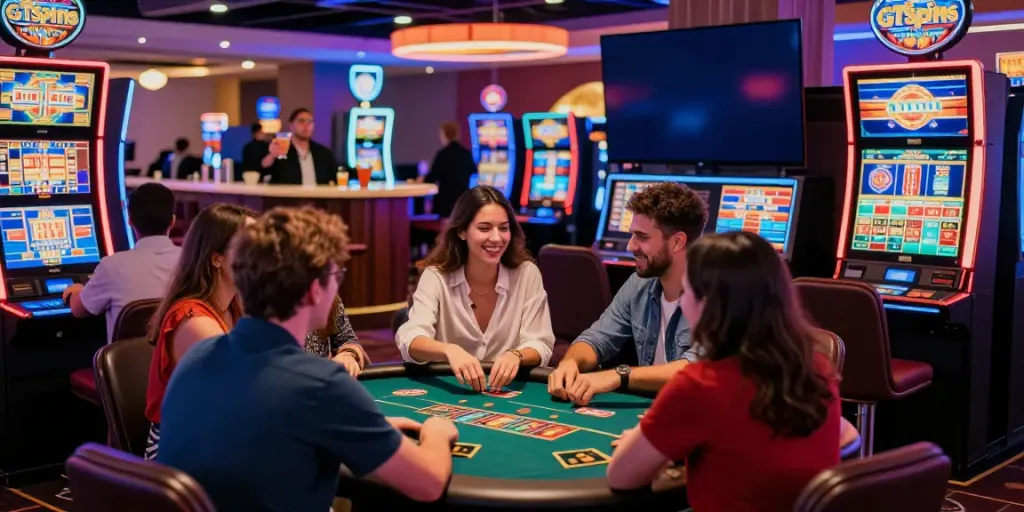 Gezellige casinoscène bij GTSpins Casino met spelers rond gokkasten en tafelspellen onder neonlichten.
