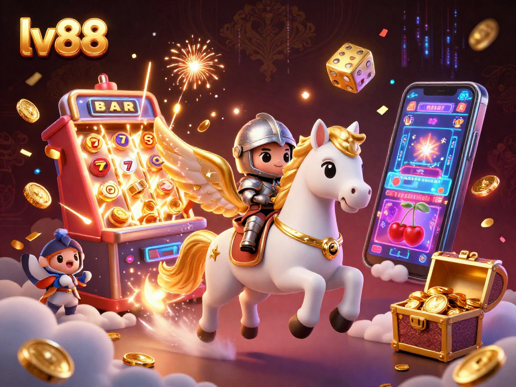 Engage with lv88 through a vibrant 3D casino scene with knights, slots, and jackpots.