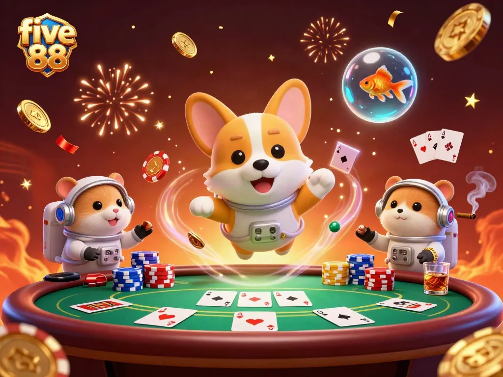 Experience thrilling gameplay at five 88 with a floating corgi astronaut and vibrant casino elements.