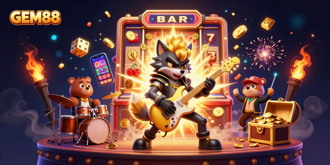 Experience GEM88 with an exciting casino scene featuring a rock star wolf and dynamic game elements.