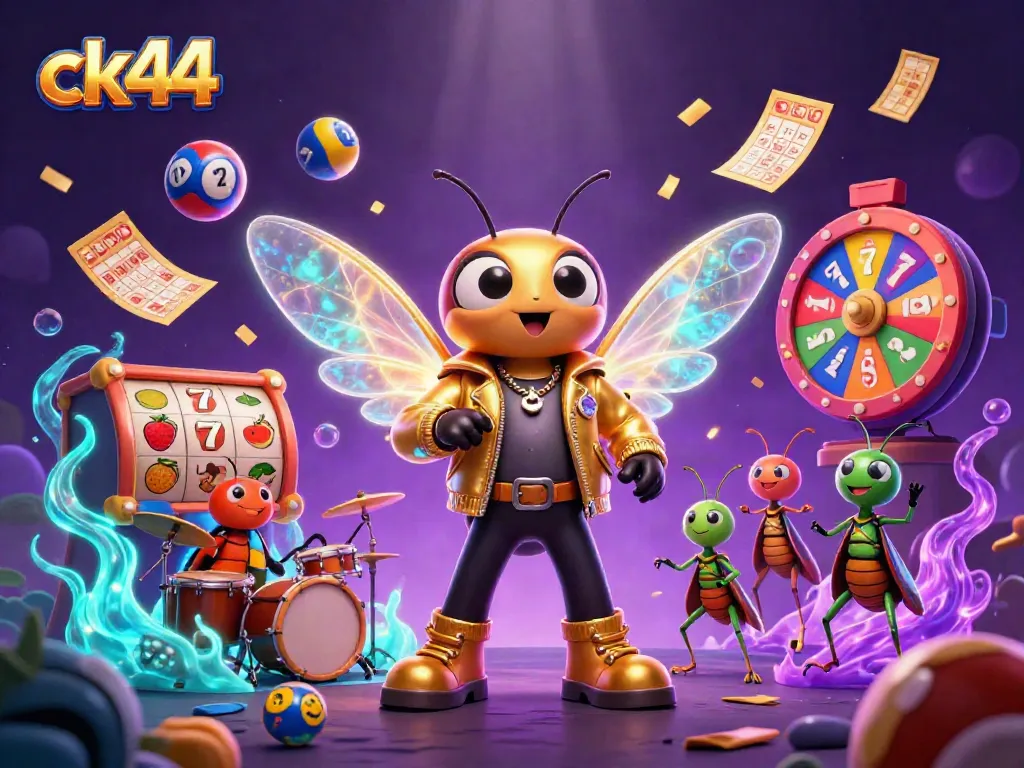 Witness the ck44 gaming spectacle with a rock star cicada, vibrant slot reels, and rich casino elements.
