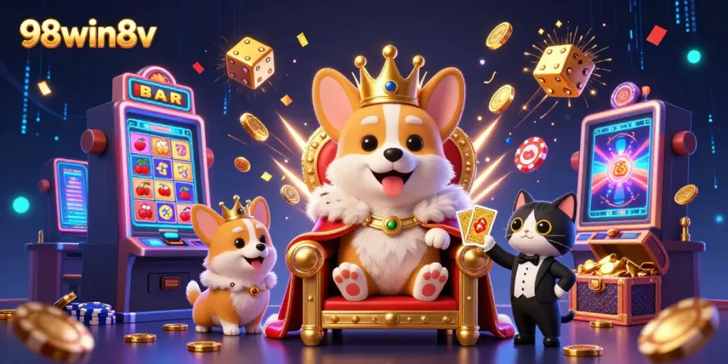 Experience the vibrant world of 98win8v with a royal corgi king and engaging casino elements.