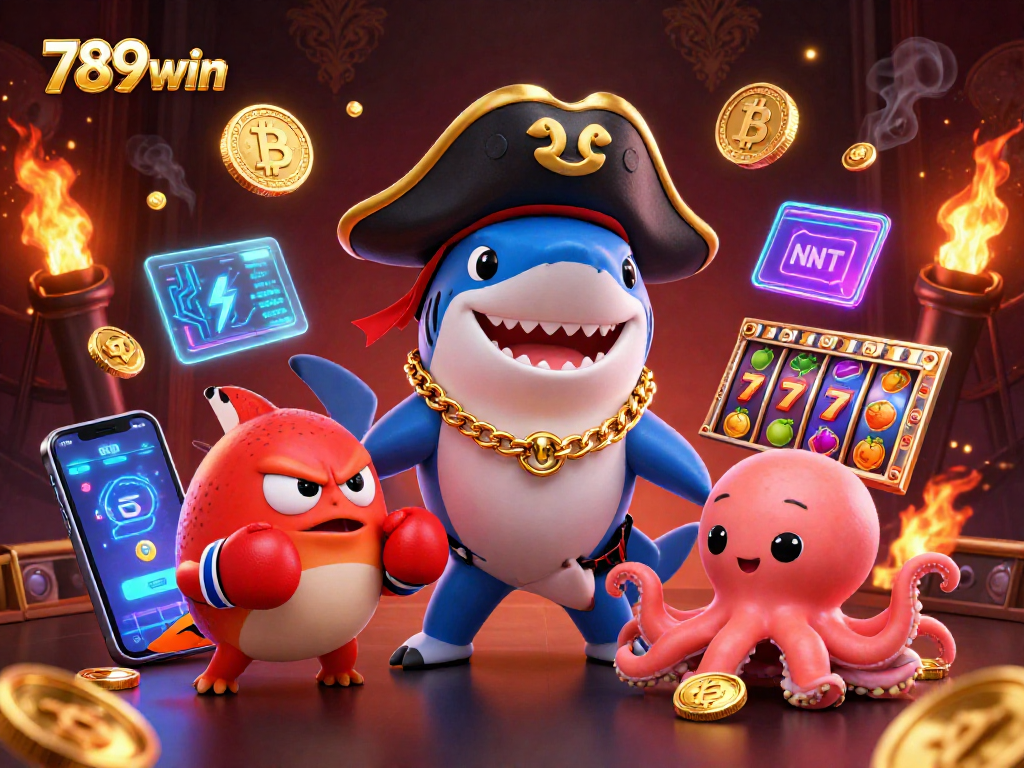 Engage with 789win's dynamic casino world featuring a pirate shark, pufferfish, and octopus with cryptocurrency.