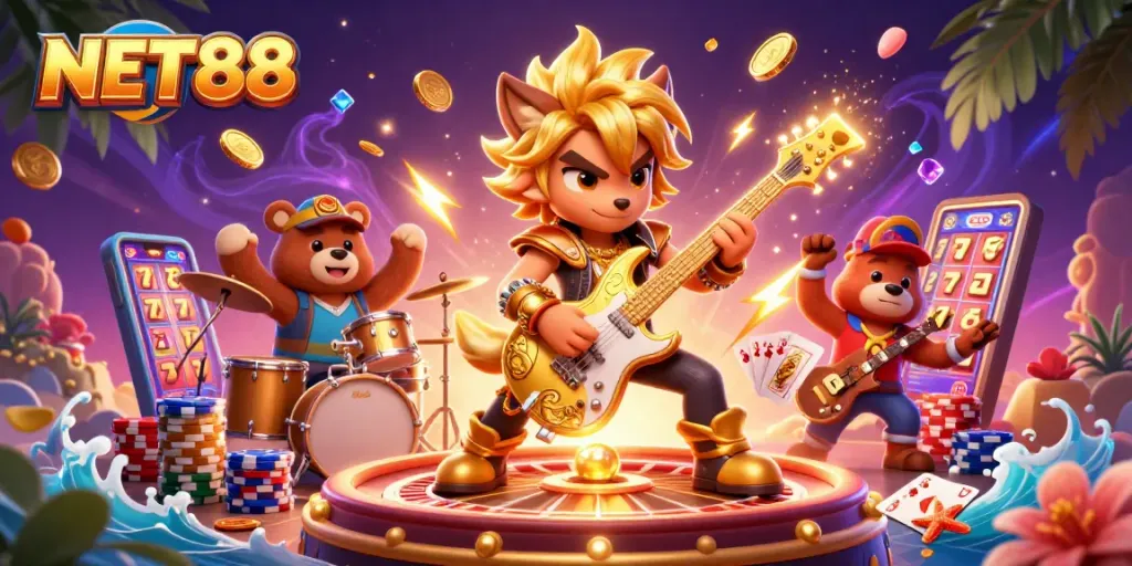 Experience thrilling gameplay at NET88 with a vibrant scene of dynamic characters among casino elements.