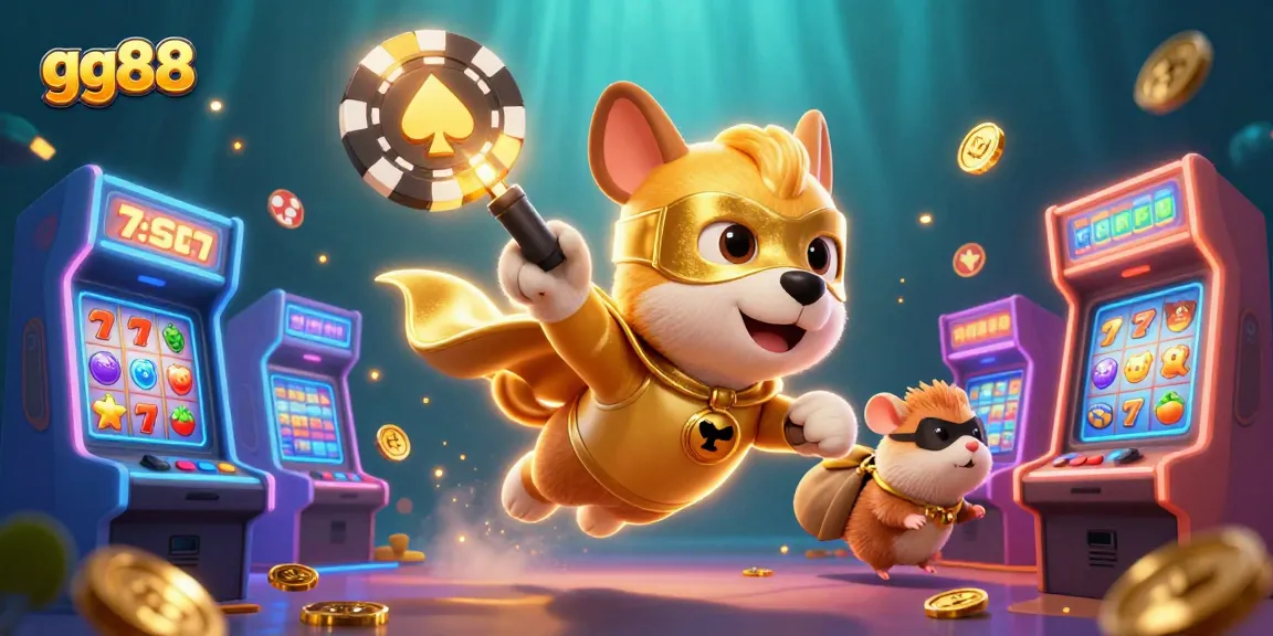 Feel the thrill of winning at gg88 with a dynamic 3D scene featuring a superhero dog and arcade elements.