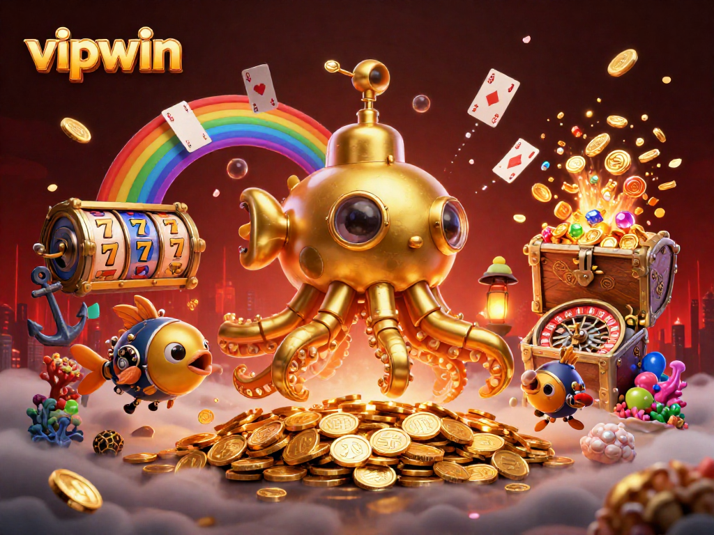 Win big at vipwin with a vibrant 3D illustration of a kraken submarine amidst slot reels and cards.