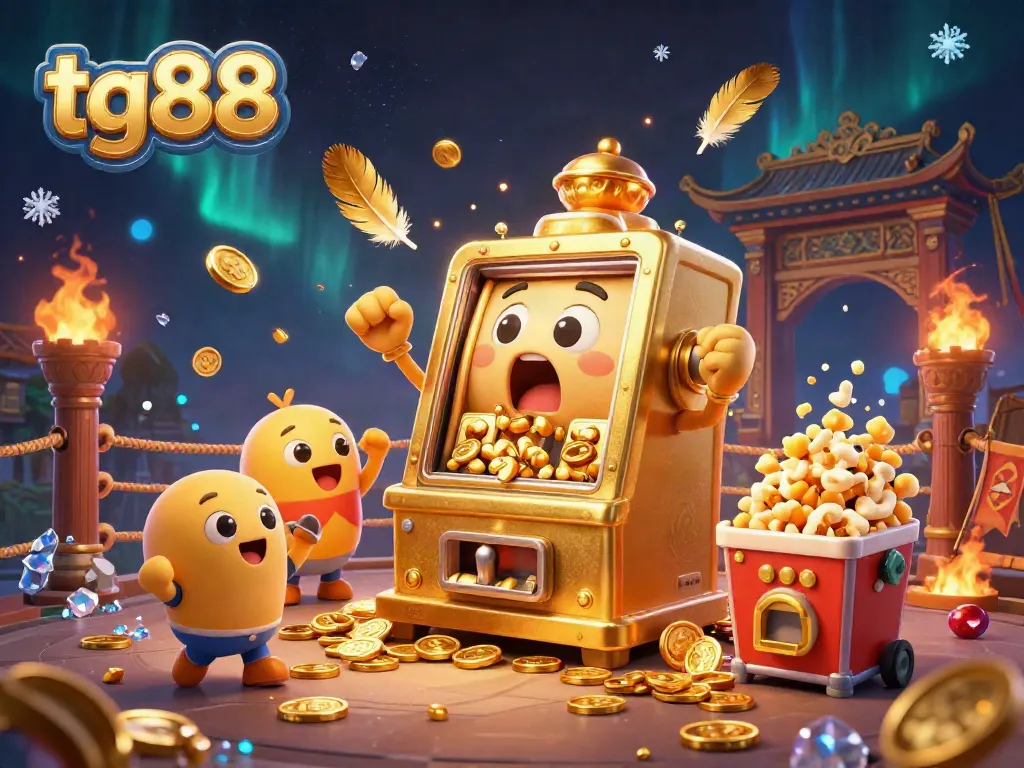 Experience excitement with tg88 as a golden slot machine hits the jackpot amidst cheers and golden coins.
