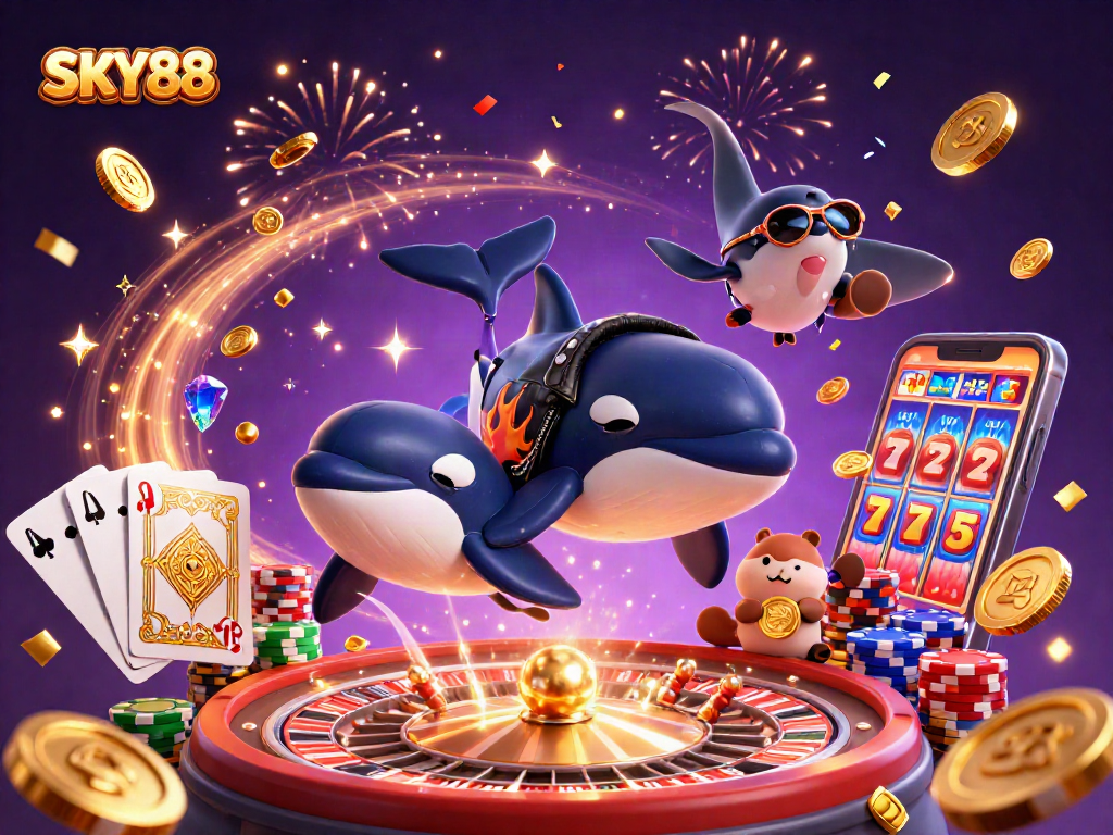 SKY88 showcases thrilling gameplay with cartoon characters and vibrant casino elements.