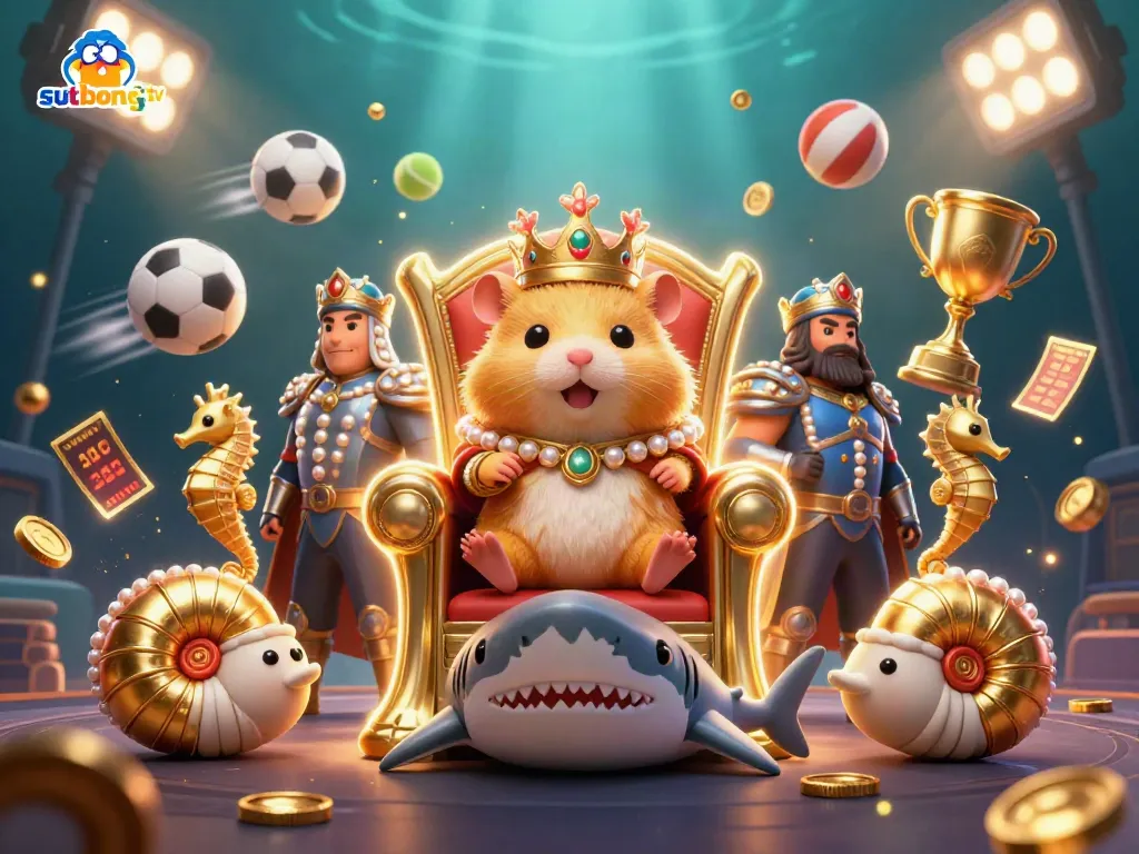 Sutbongtv innovative sports betting illustration featuring a hamster king in a coral crown surrounded by dynamic action.