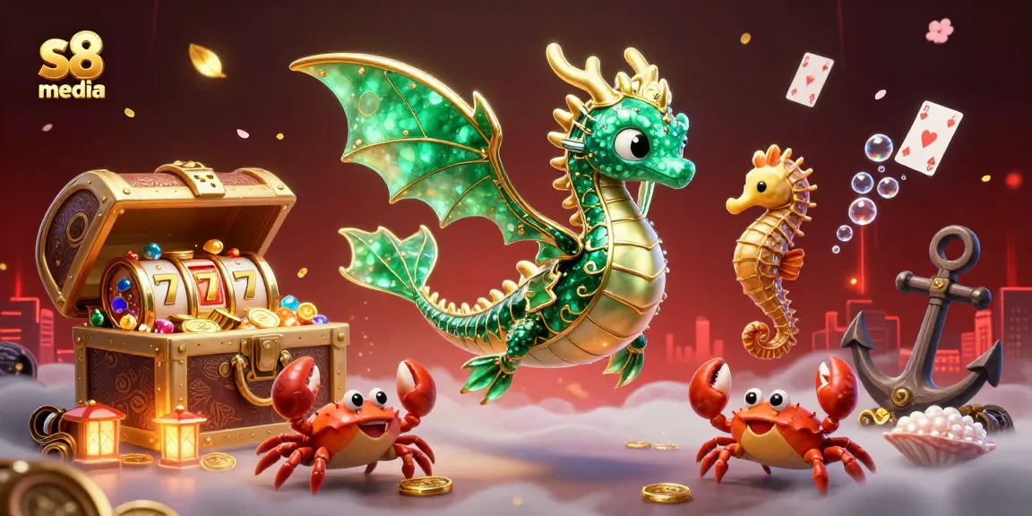 S8 media showcases an immersive gaming experience with vibrant dragons and treasures in a bustling casino.