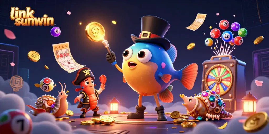 Experience link sunwin with a lively 3D scene featuring dynamic lottery elements and animated sea creatures.
