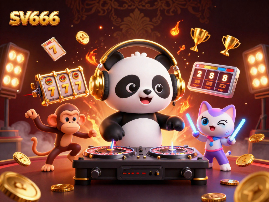 Experience the vibrant energy of SV666 with a DJ panda and gaming elements in a lively casino scene.