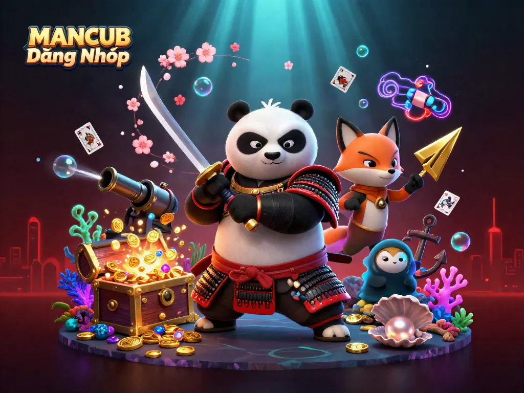MANCUB Đăng Nhập showcases a dynamic scene with samurai panda, ninja fox, and spirit tanuki amidst gold coins and vibrant coral.