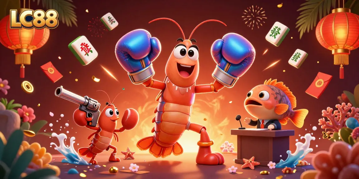 Play and win with LC88 in a vibrant 3D casino scene featuring dynamic characters and decorations.