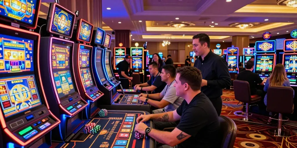 Slot88, suasana kasino dengan pemain slot bersemangat dan lampu neon yang cerah.