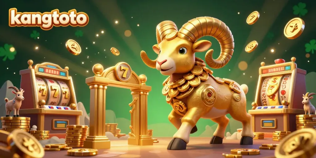 Permainan slot dengan tema kangtoto menampilkan domba emas yang mengamuk di gerbang keberuntungan.