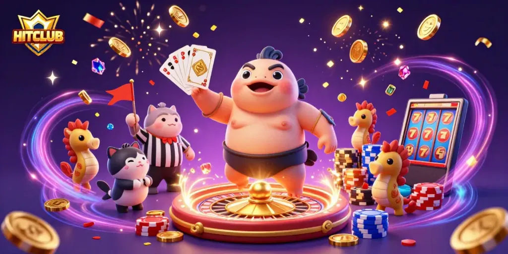 Engage in the vibrant HITCLUB casino experience with festive characters and dynamic gameplay.
