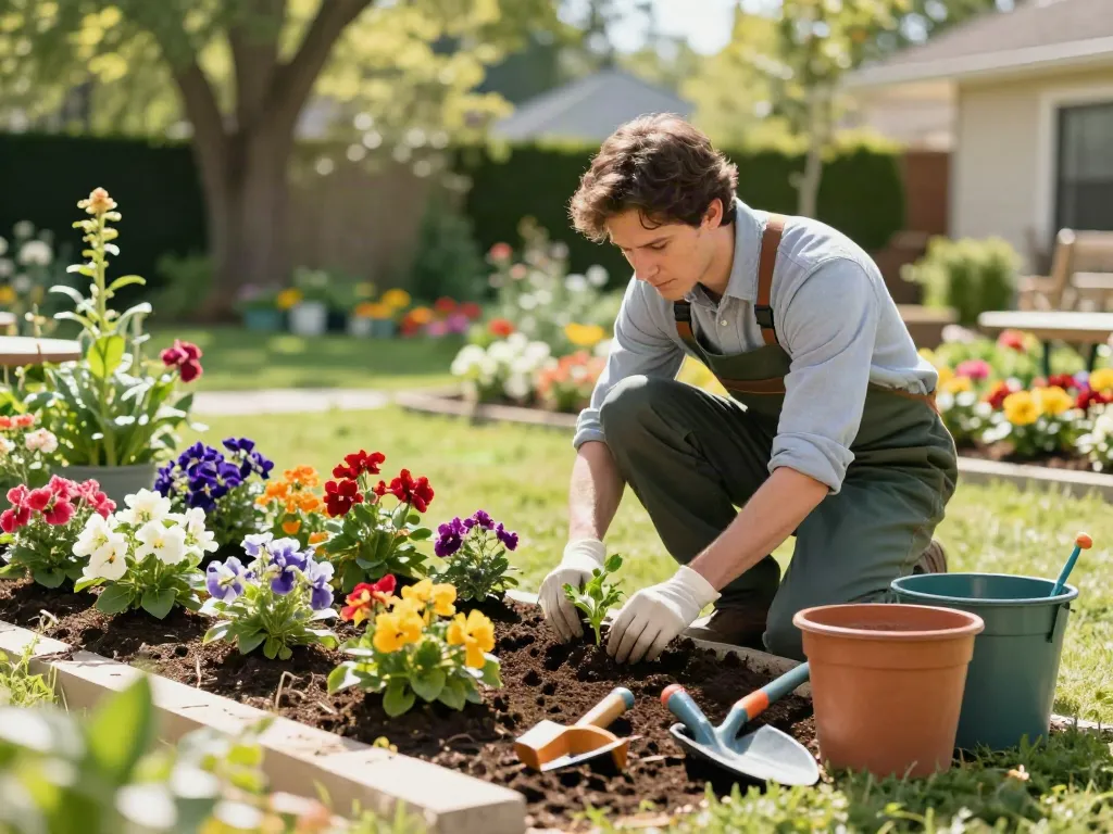 Tuinspecialist in actie bij tuinwinkel, groene en bloeiende ruimte, betrouwbaar lokaal bedrijf.