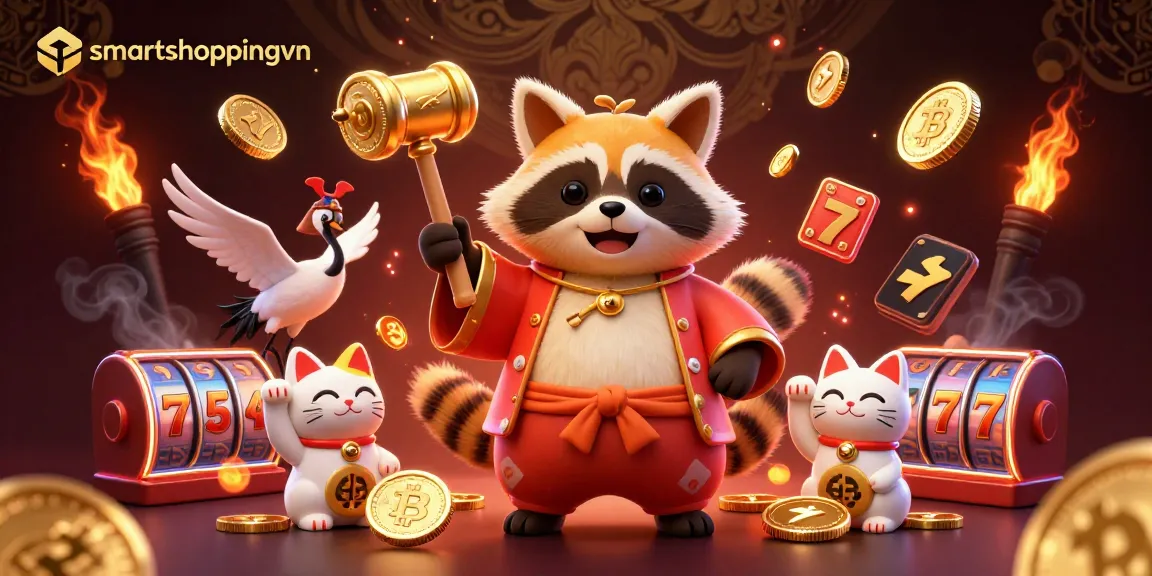 Engage with smartshoppingvn's vibrant 3D casino scene featuring a cheerful tanuki and neon cryptocurrency elements.