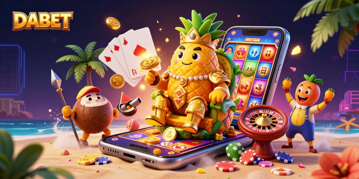 DABET brings excitement with a golden pineapple king and vibrant slot game scene full of action and color.
