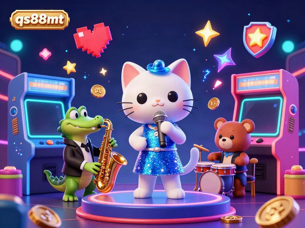 Experience the excitement of qs88mt at a casino stage featuring a jazz-singer cat, a saxophone crocodile, and a drum-playing bear.