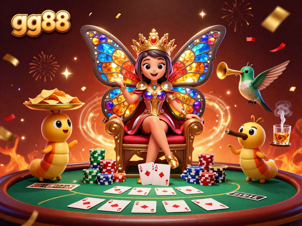 Engage with gg88's vibrant gaming scene featuring a butterfly queen amidst dynamic poker action.