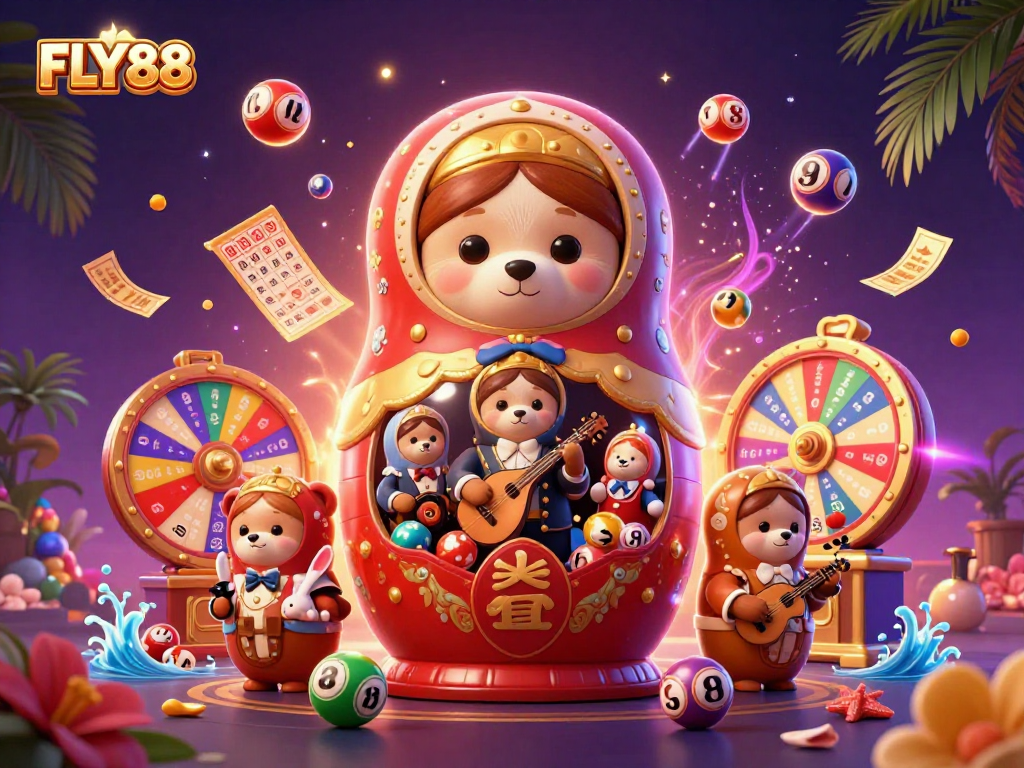 Engage in thrilling action with FLY88 as colorful lottery balls bounce around a lively casino scene.