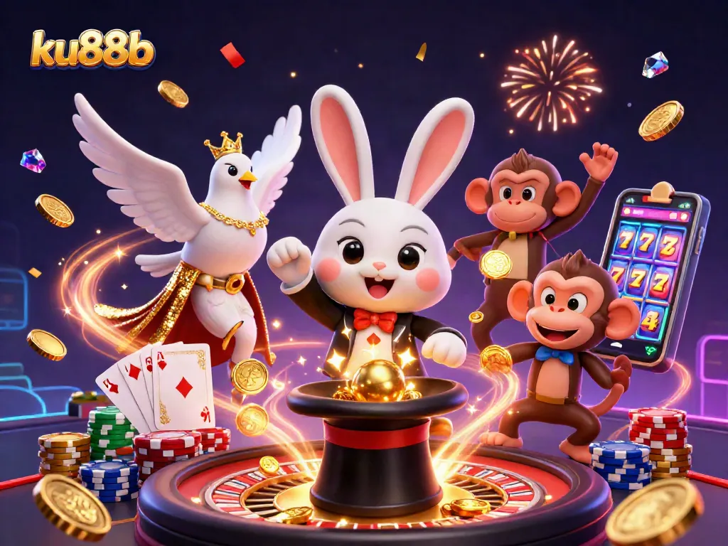 Engage in thrilling wins at ku88b with a vibrant 3D scene of magical casino characters.