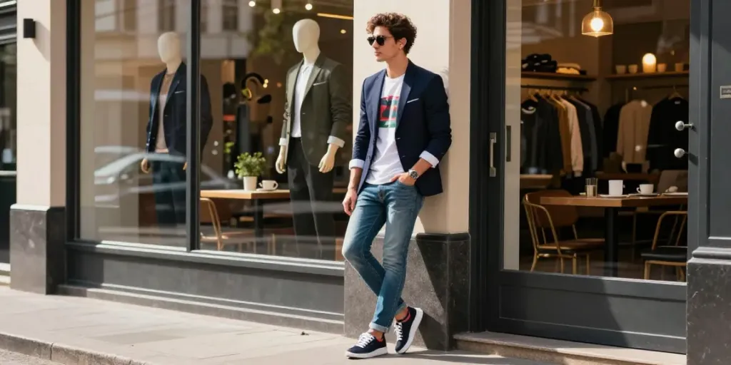 Moderne man in heren kleding online, casual leunend tegen chique winkel.